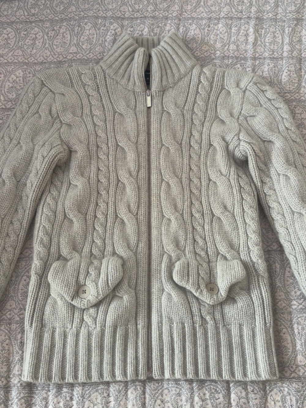 Ralph Lauren Light Gray Cable-Knit Zip Cashmere Sweater
